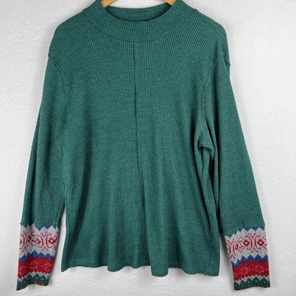 Maurices Womens Green Long Sleeve Knit Mock Neck Tee Size XXL Fair Isle Cuff - Picture 1 of 11